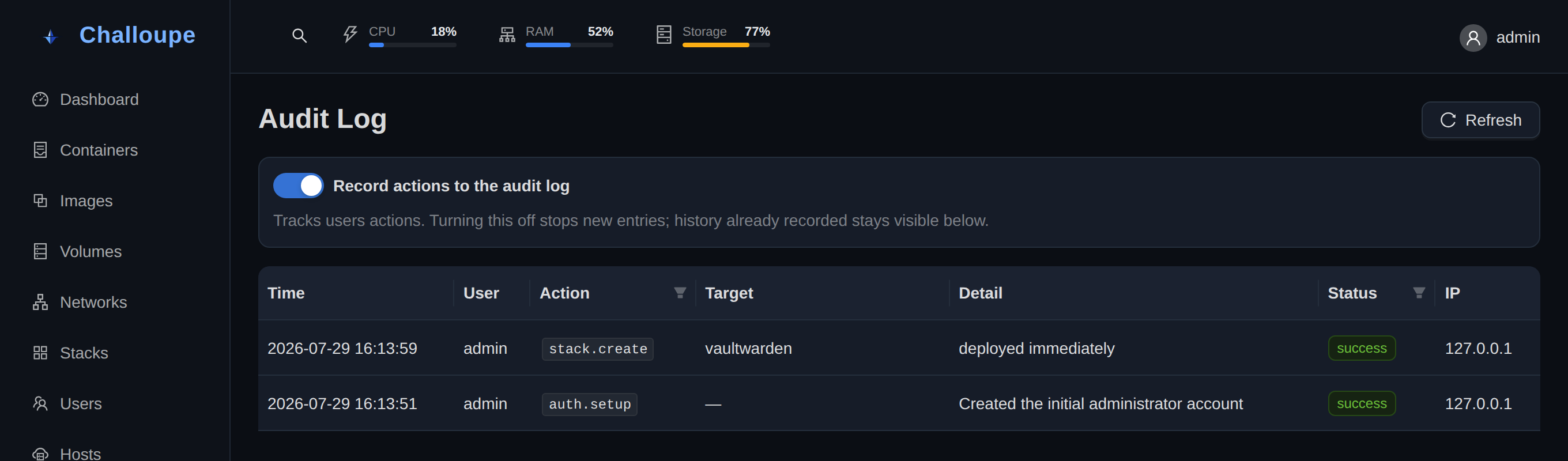 The audit log, recording the admin account setup and a stack deployment
